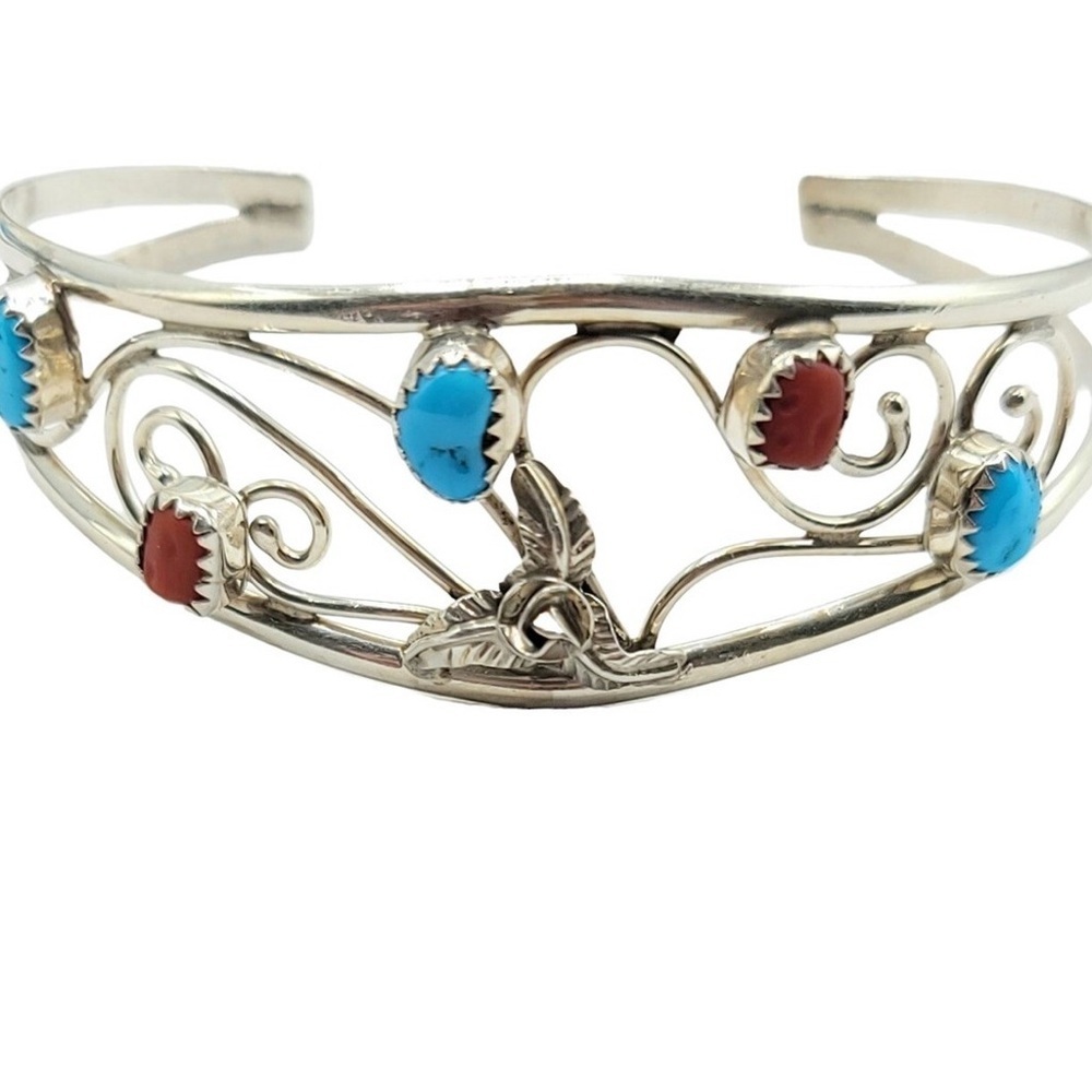 Sterling Silver Navajo Native American Turquoise & Coral Cab Scroll Cuff - Picture 2 of 7